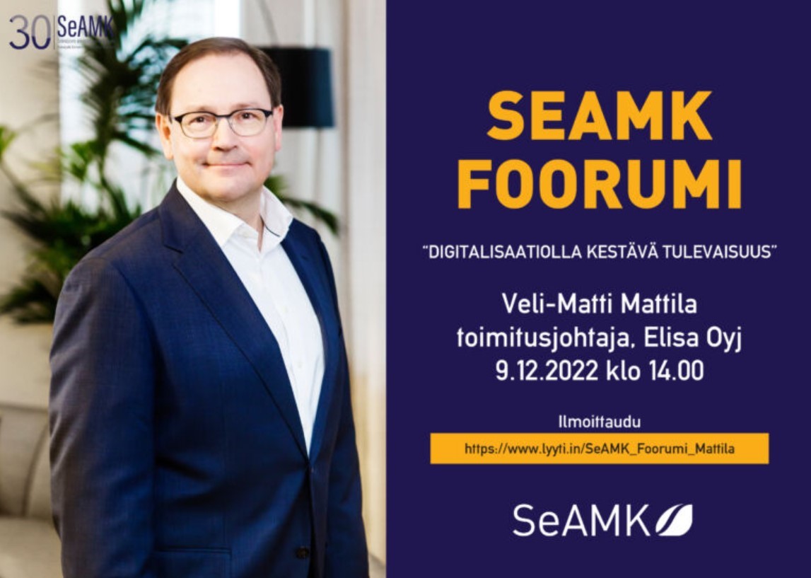 Juhlavuoden SeAMK Foorumien sarja kruunaa Elisa Oyj:n toimitusjohtaja Veli-Matti Mattila esityksellään ”Digitalisaatiolla kestävä tulevaisuus”. 